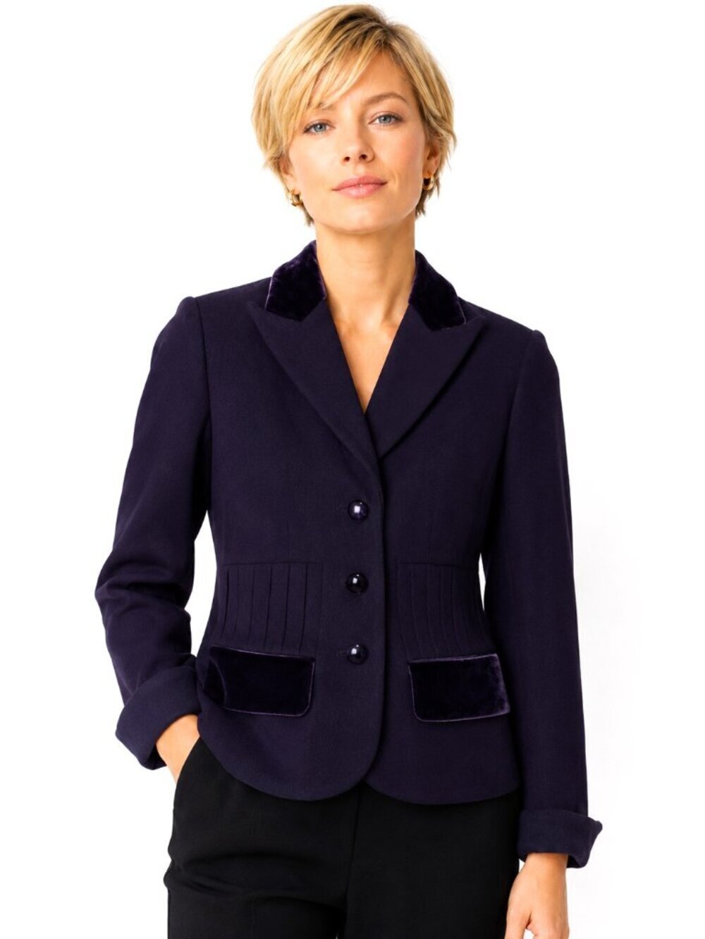 Kay Unger Deep Purple Wool Velvet Trim Blazer